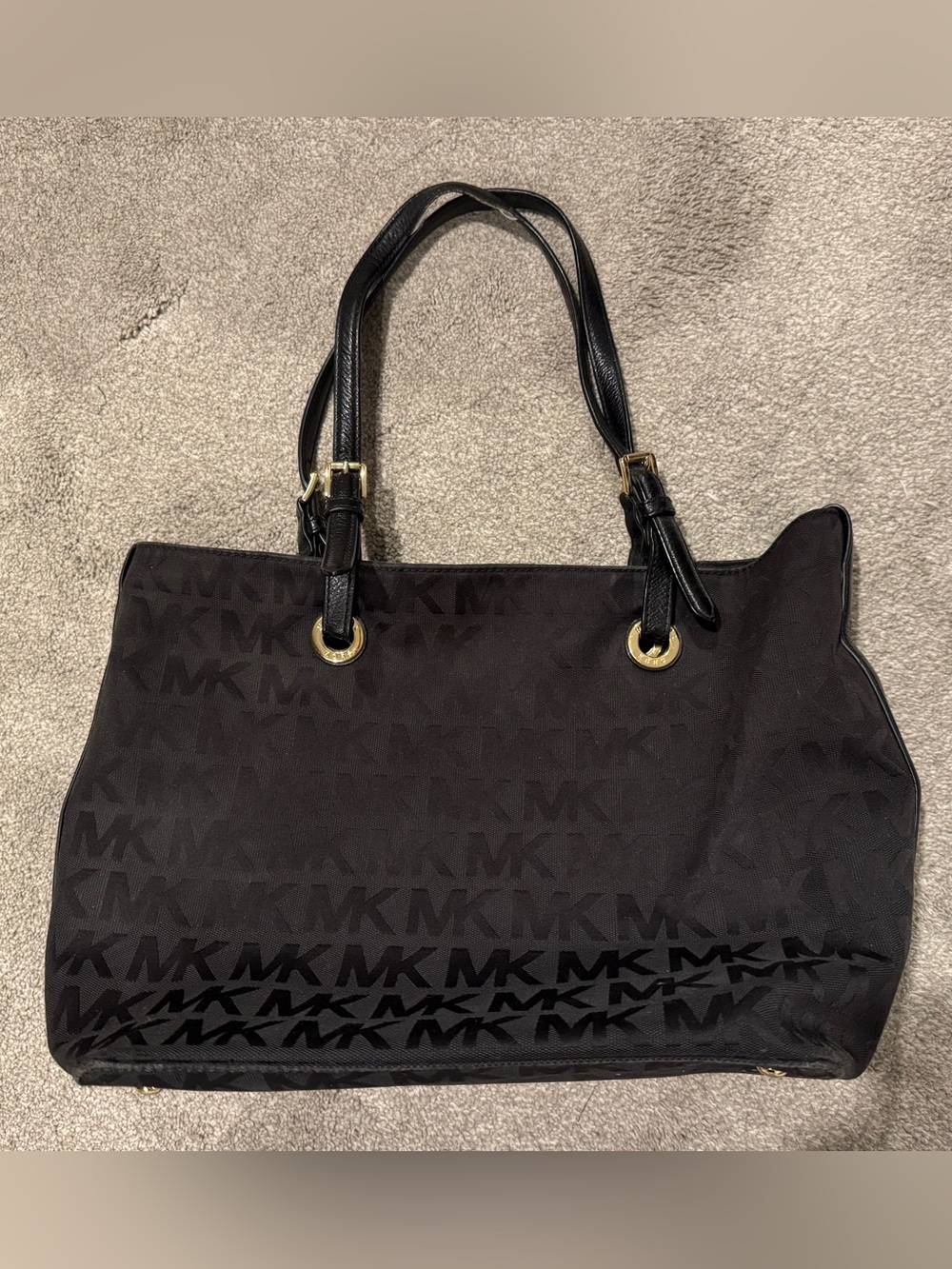 Michael Kors Black MK Monogram Shoulder Tote with Gold Hardware